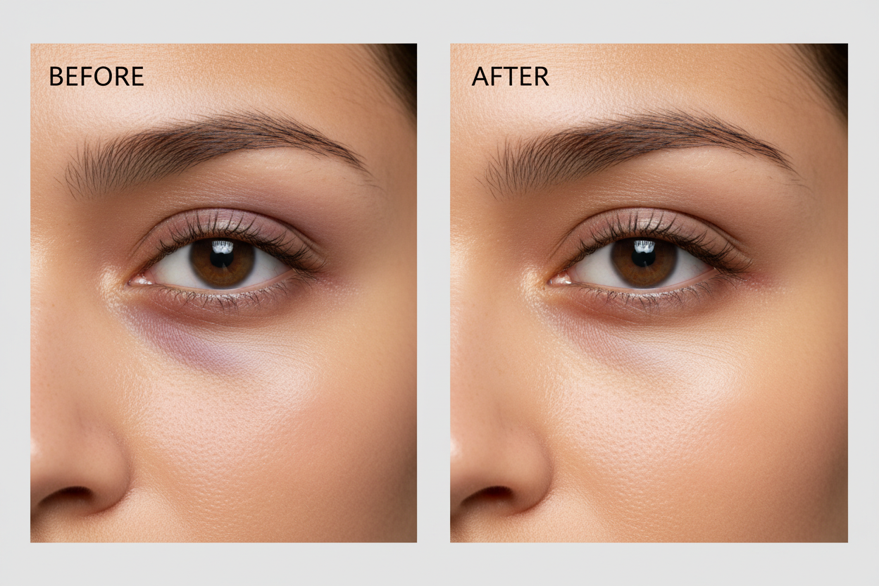 reate a realistic before-and-after comparison of a person’s under-eye area showing the effects of an under-eye nourishing cream. The image should have:

Two side-by-side portraits: left side labeled Before, right side labeled After

The Before side shows visible dark circles, puffiness, and fine lines

The After side shows reduced dark circles, less puffiness, smoother skin, and brighter under-eyes

The skin tone should look natural and healthy, not overly edited

Lighting should be soft, professional, and 
